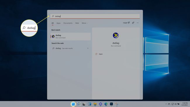 Windows 11 검색에서 dxdiag가 강조 표시되었습니다.