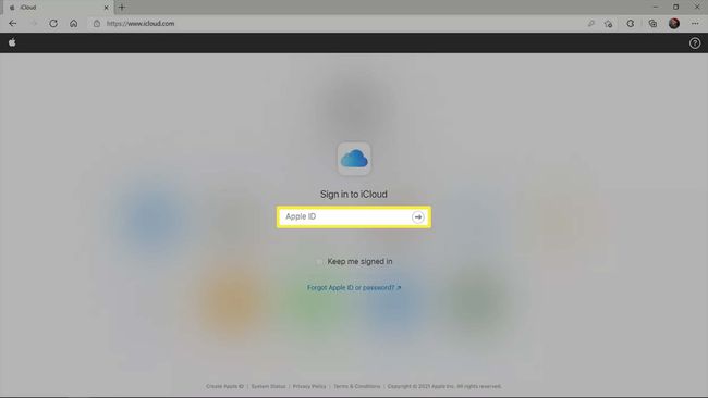 Pole Apple ID podświetlone na iCloud.com.