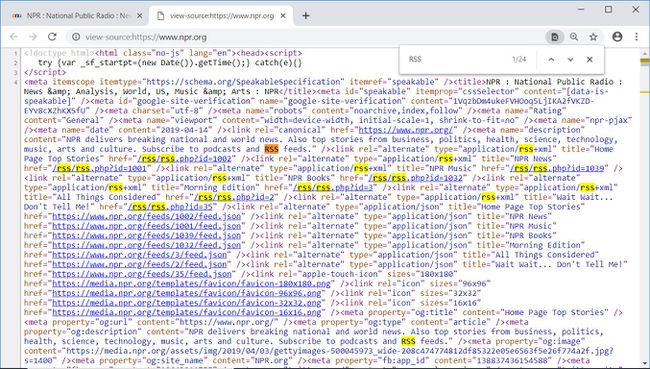 Wyróżnione wystąpienia RSS w kodzie źródłowym strony głównej NPR.org