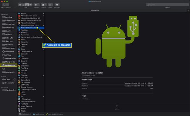 Приложение Android File Transfer в macOS Finder