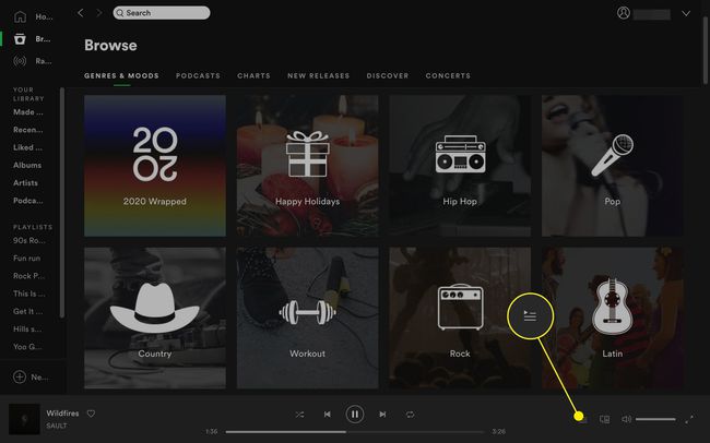 Pasek odtwarzania i przycisk kolejki w aplikacji komputerowej Spotify