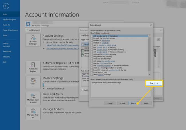 Volgende knop in Regels Wizard voor Outlook