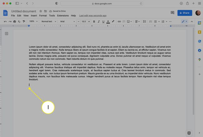 Um Google Doc com cursor em uma nova linha