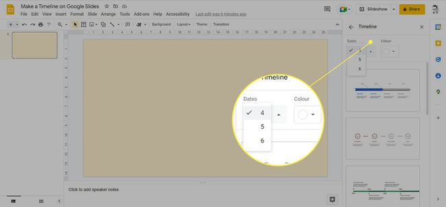 ตัวเลือกเทมเพลตไทม์ไลน์ใน Google สไลด์โดยไฮไลต์วันที่และสีแบบเลื่อนลง