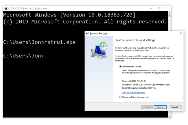Comando de restauração do sistema no Windows 10
