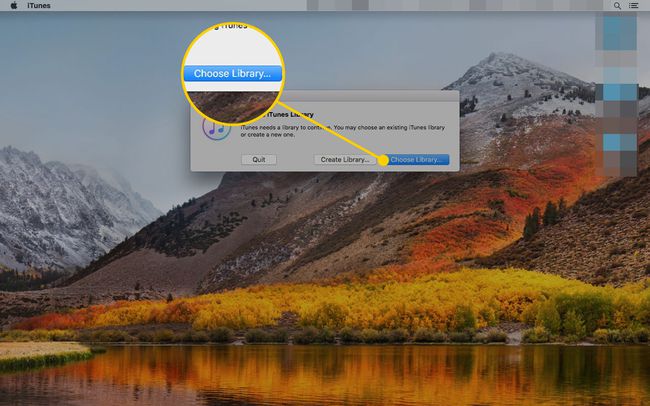 Прозор „Одабери иТунес библиотеку“ на Мац-у са истакнутим дугметом Одабери библиотеку