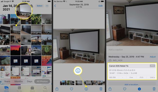 Fotos in iOS 15 mit einem Foto, dem Informationssymbol und hervorgehobenen EXIF-Metadaten