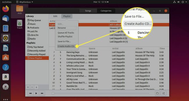 Снимок экрана Rhythmbox с выделенной командой Create Audio CD