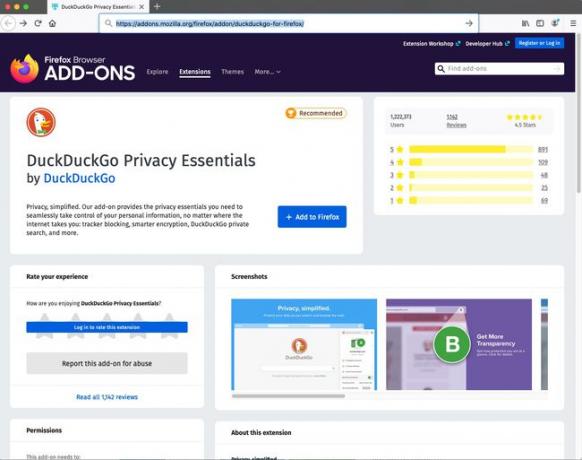 Finden Sie DuckDuckGo Privacy Essentials auf der Mozilla Firefox Add-On-Seite.