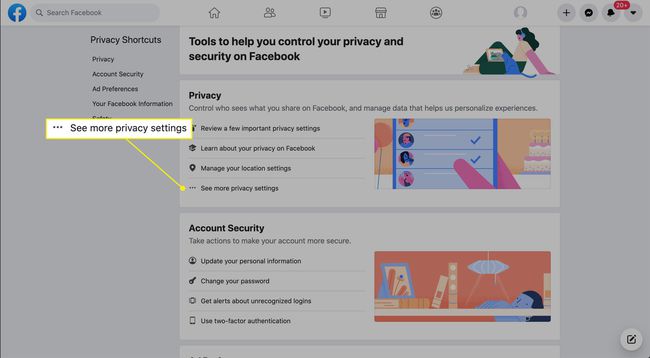 „Вижте още настройки за поверителност“ на страницата Преки пътища за поверителност във Facebook