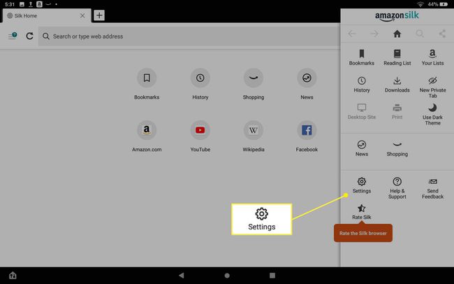 Indstillinger-ikonet i Silk-browseren på en Amazon Fire-tablet