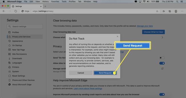 Okno potwierdzenia Edge Do Not Track z podświetlonym przyciskiem Wyślij żądanie