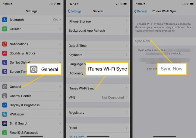 Vispārīgi, iTunes Wi-Fi sinhronizācija, pogas Sinhronizēt tūlīt iOS iestatījumos