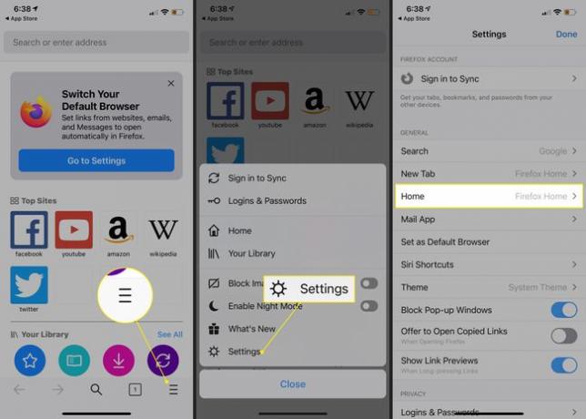 Menu Hamburger, Ustawienia i Strona główna w aplikacji Firefox na iOS