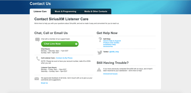 Посещение контактной страницы SIriusXM, чтобы написать в службу поддержки клиентов по электронной почте