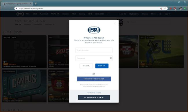 O captură de ecran a paginii de conectare Fox Sports Go.