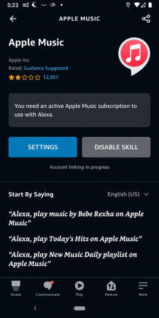 Apple Music Alexa უნარში მონიშნული პარამეტრები.