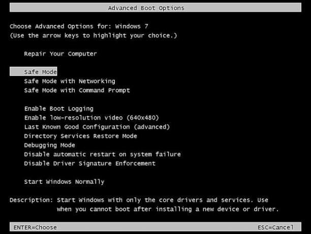 Windows 7'deki Gelişmiş Önyükleme Seçenekleri Menüsünün ekran görüntüsü