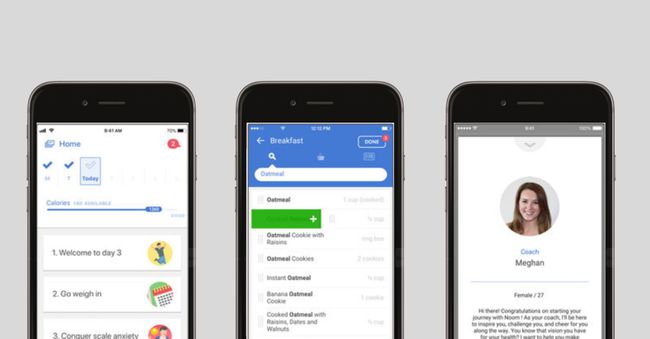Drei Screenshots der Noom-App.