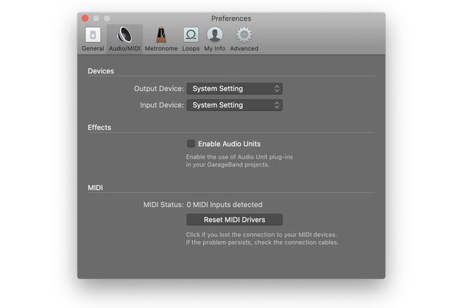 GarageBandi eelistuste vahekaart AudioMidi