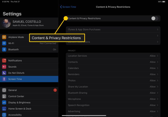 Zrzut ekranu ustawień ograniczeń treści iPada.