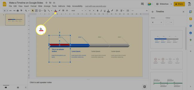 เทมเพลตไทม์ไลน์ที่แก้ไขได้ใน Google สไลด์โดยเน้นสีเติม