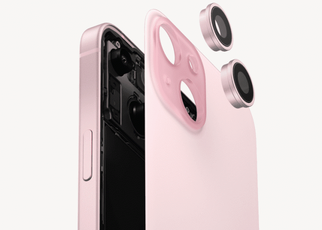 Išarta „iPhone 15“ galinio skydelio planas ir kamera.