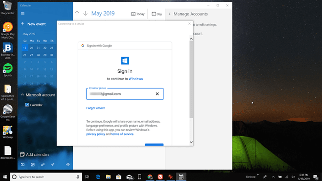 สกรีนช็อตของการลงชื่อเข้าใช้บัญชี Google ของคุณจาก Windows Calendar