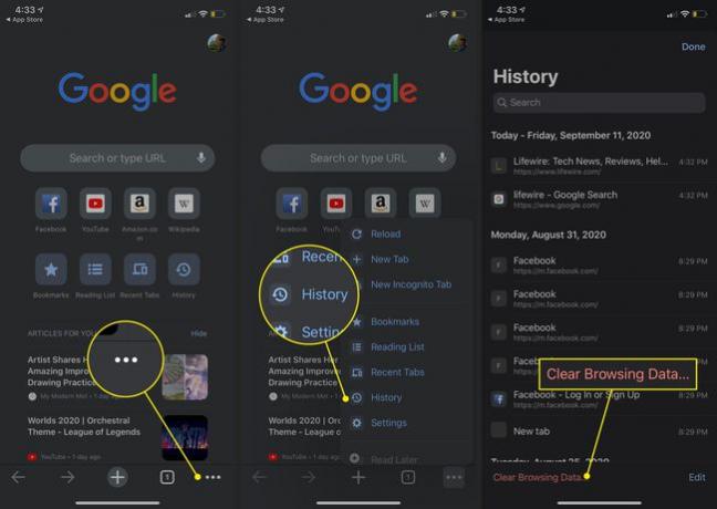 El menú Más, el título Historial y los botones Borrar datos de navegación en Google para dispositivos móviles