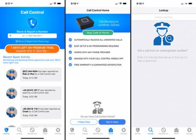 Tři obrazovky iOS z aplikace Call Control zobrazující aplikaci pro blokování hovorů při práci