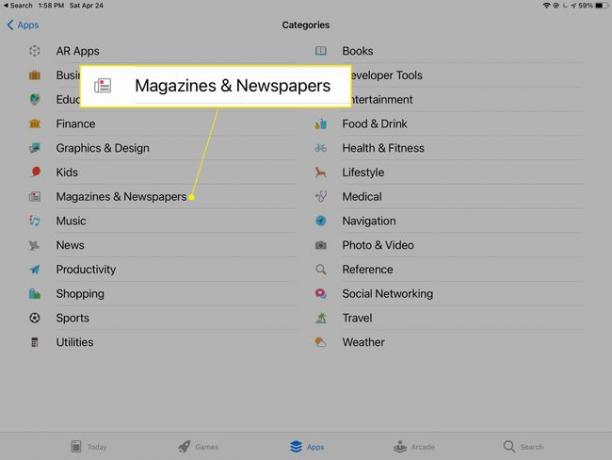فئات Apple iPad App Store مع تمييز " المجلات والصحف"