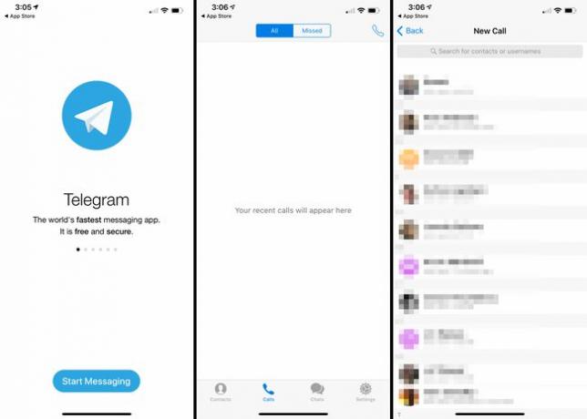 Drei iOS-Bildschirme aus der Telegram-App