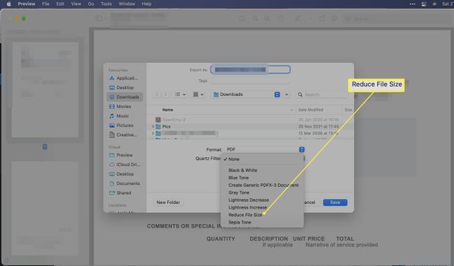 [ファイルの保存]ダイアログで[ファイルサイズの縮小]が強調表示されたMacOSプレビューアプリ