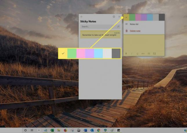Yapışkan Notlar menüsündeki renk seçenekleri