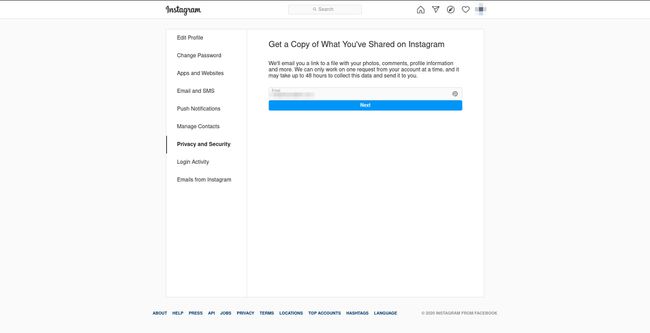 Instagram-anmodningsdata indtast e-mail