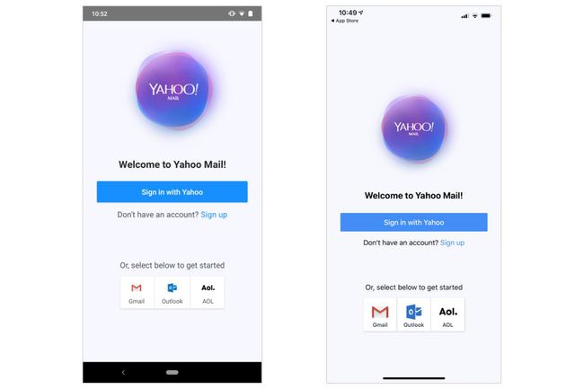 Captura de pantalla de la pantalla de inicio de sesión de la aplicación Yahoo Mail (Android a la izquierda; iOS a la derecha)