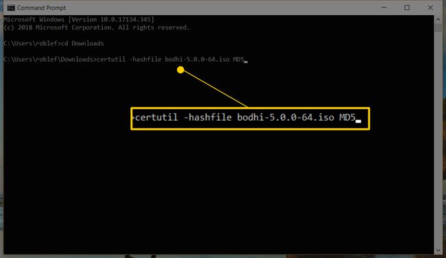 Schermafbeelding van de opdracht " certutil -hashfile bodhi-5.0.0-64.iso MD5" in de opdrachtprompt van Windows 10
