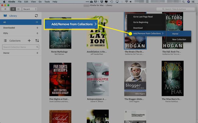 [コレクションから追加]オプションが強調表示されたMac用Kindleアプリの本の右クリックメニュー