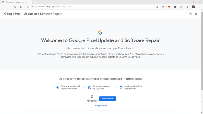 Zvýraznená možnosť Začíname na webovej lokalite opravy Google Pixel.