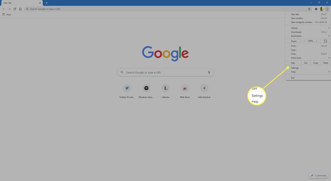 Chrome z podświetlonym poleceniem Ustawienia