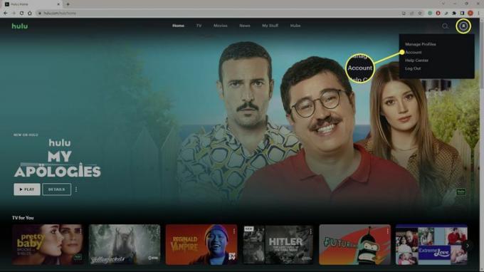 Hulu のホームページでアカウントが強調表示されます。