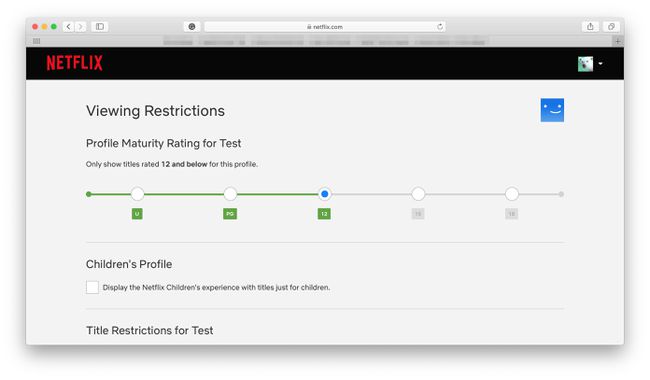 Netflix-visningsbegränsningar med profilens åldersklassificering markerad