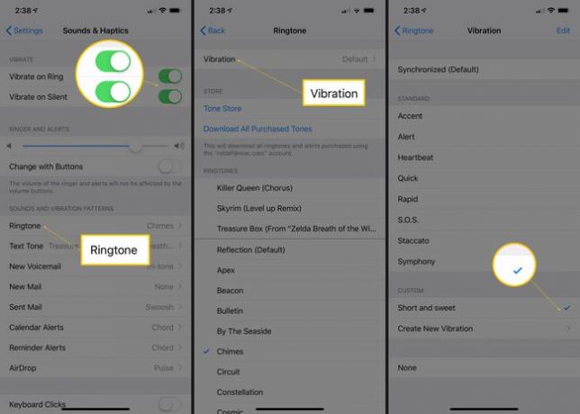 Trīs iOS ekrāni, kuros redzami slēdži Vibrācija zvana un Klusums, Zvana signāla poga, Vibrācijas poga un atzīme