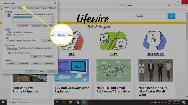 La pestaña Privacidad en la configuración de IE