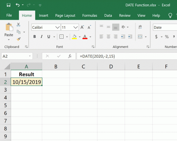 DATE funkcja Excel z ujemnym miesiącem