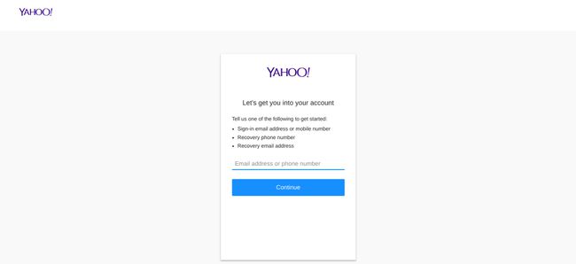 Captura de pantalla del proceso de recuperación de la cuenta de Yahoo Mail, con solicitud de correo electrónico o número de teléfono