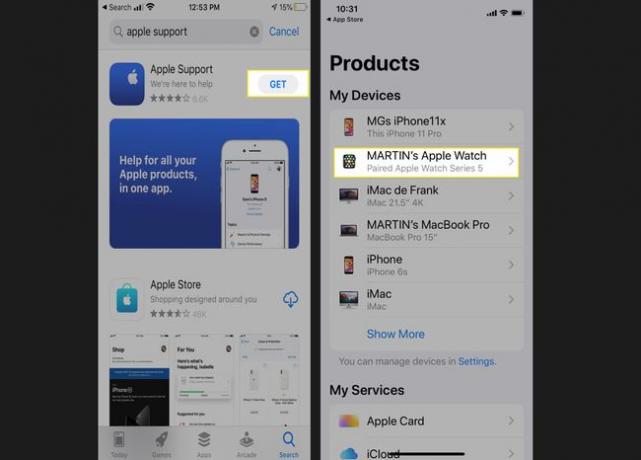 Download de Apple Support-app en selecteer uw Apple Watch