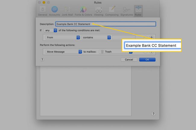 Campo de descrição para regra nas preferências do macOS Mail