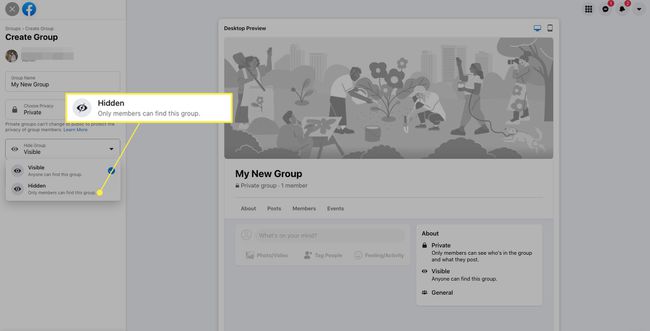 Ustawienia prywatności grupy na Facebooku z podświetloną opcją Ukryte