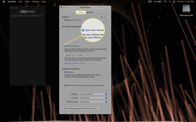 إعداد التفضيل ، في macOS ، لتمكين المكالمات من iPhone في FaceTime على جهاز Mac.